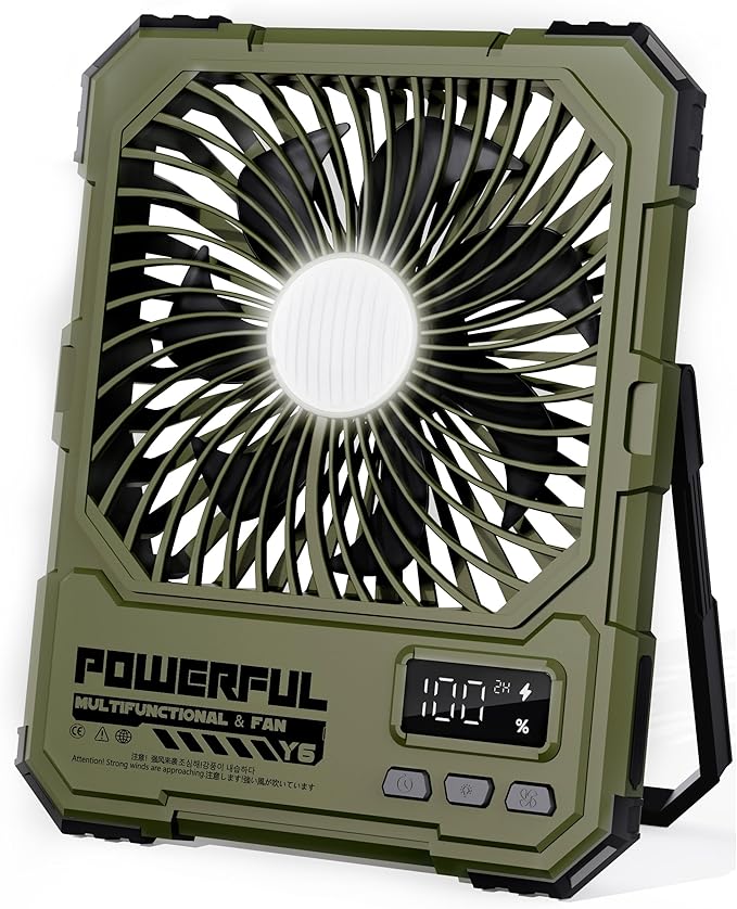 Portable Fan, Camping Fan, 20000mAh 6-Inch 18-85H Rechargeable Ultra Thin Foldable with Built-in Power Bank, LED Light, Remote Control, Hook for Outdoor Camping Tent RV Travel (Green)