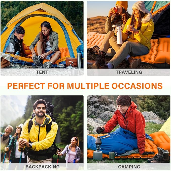 FUN PAC Camping Sleeping Pad, Ultralight Camping Mat with Pillow Built-in Foot Pump & Pillow, Upgraded Compact Camping Air Mattress for Tent, Backpacking-Orange