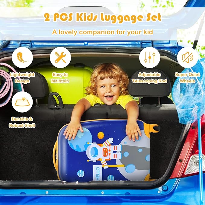 Goplus 2PC Kids Luggage, 12" & 16" Kids Carry On Luggage Set with 4 Spinner Wheels, Lightweight Rolling Spinner Suitcase for Children Toddlers Boys and Girls Travel
