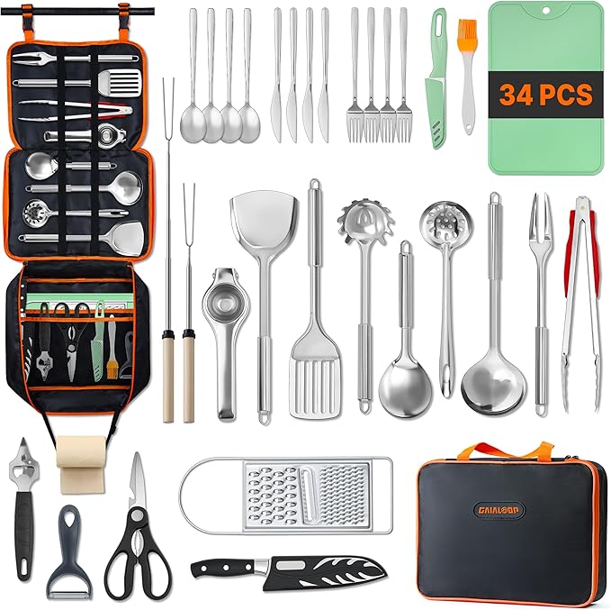 Gaialoop Portable Camping Cooking Utensils Set, Camp Kitchen Set with Organizer Bag, RV Essentials Outdoor Cooking Utensil Kit for Travel, Picnics, Camping, BBQs, Parties