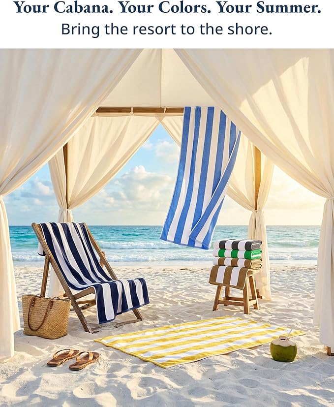 LANE LINEN Beach Towels 6 Pack - 520 GSM 100% Cotton Pool Towel for Adults – (30" x 60") Beach Towel Oversized, Thick & Highly Absorbent - Soft, Comfy & Quick Dry Cabana Stripe Large Towel - Coastline