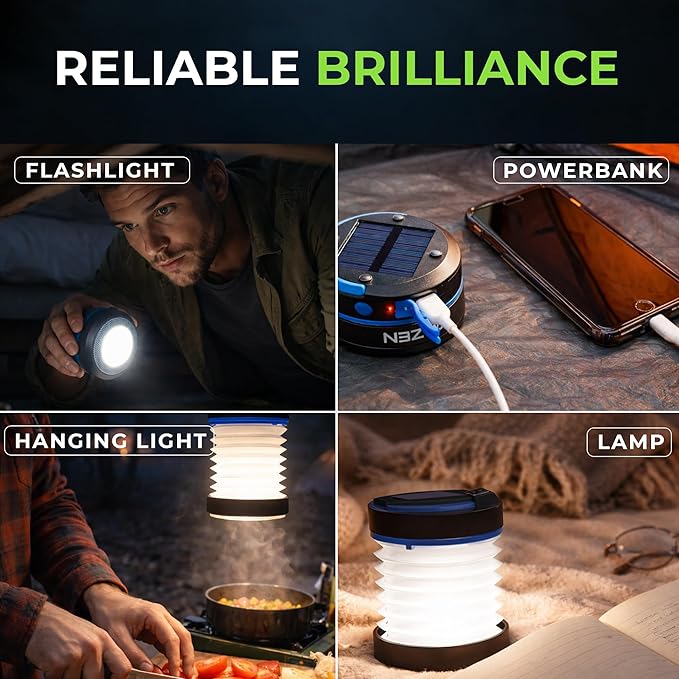 Kizen Outdoor Solar Lantern - Solar or Plug Rechargeable Lantern - Collapsible LED Light for Power Outages - Camping Essential Lamp for Tent Light, Hanging, or Flashlight