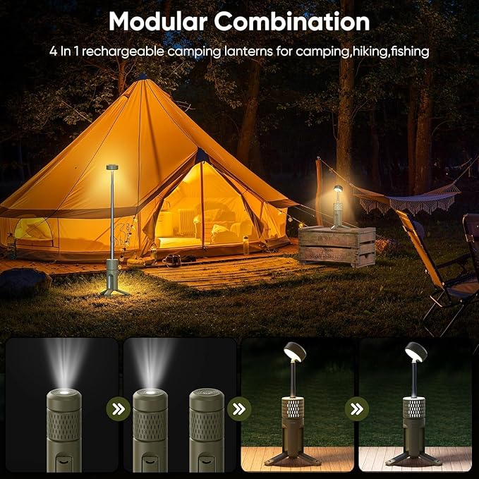 Camping Light Telescopic, Collapsible Tripod Camping Lantern, 12000mAh Rechargeable Camping Lamp with Stand, Dimmable & Portable IPX54 Waterproof Flashlight for Emergency (Military Green)