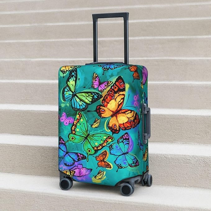 Travel Luggage Cover Suitcase Protector, Rainbow Butterfly Washable Elastic Suitcase Baggage Cover Anti-scratch Double-sided with Zipper Closure for Wheeled Suitcase Fits 25-28 Inch Luggage
