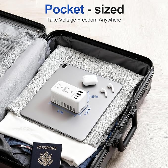 Voltage Converter US to Europe, 220V to 110V Step Down Converter for Travel, 2500W Power Converter Adapter Combo with USB-A USB-C and UK/AU/US/IT/EU Travel Plug Adapters, Hair Dryer Compatible