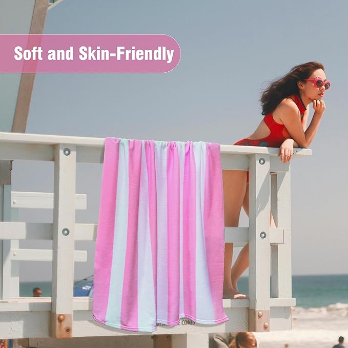 HENBAY Large Oversized Beach Towel - 35 x 70 Inch Microfiber Pool Towel, Pink Striped Quick Dry Cabana Swim Towel