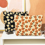 SOIDRAM 2 Pieces Flower Makeup Bag Large Corduroy Cosmetic Bag Capacity Canvas Travel Toiletry Bag Organizer Cute Makeup Brushes Aesthetic Accessories Storage Bag for Women, Flower L Orang Black