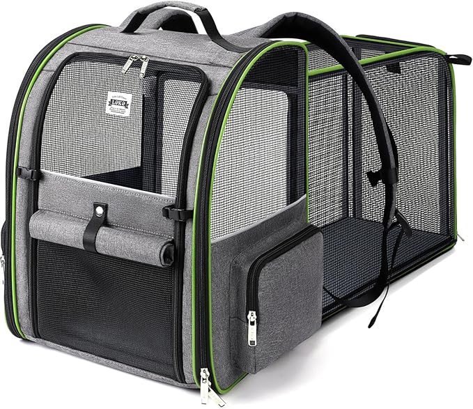Large Cat Backpack Carrier Expandable Pet Carrier Backpack for Small Dogs Medium Cats Fit Up to 18 Lbs,Dogs Foldable Puppy Backpack Carrier for Travel, Hiking,Grey with Green Edge,L