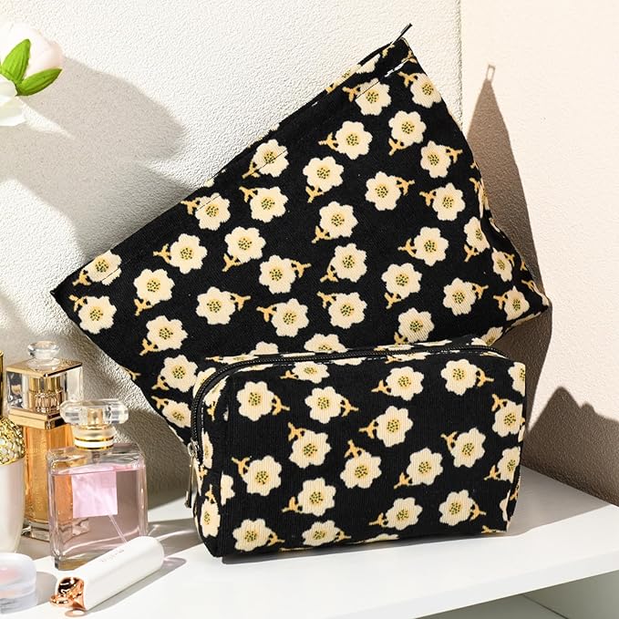 SOIDRAM 2 Pieces Flower Makeup Bag Large Cosmetic Bag Capacity Canvas Mix Travel Toiletry Bag Organizer Cute Makeup Brushes Aesthetic Accessories Storage Bag for Women, Flower Mix Black