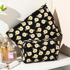 SOIDRAM 2 Pieces Flower Makeup Bag Large Cosmetic Bag Capacity Canvas Mix Travel Toiletry Bag Organizer Cute Makeup Brushes Aesthetic Accessories Storage Bag for Women, Flower Mix Black
