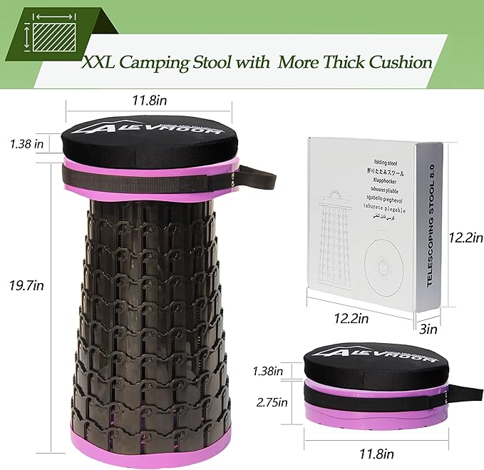 ALEVMOOM Upgraded XXL Collapsible Stool with Cushion 19.7",1000lbs Max Weight,Wider & Taller Pop Up Seat, Heavy Duty Portable Retractable Folding Chair or Travel Foot Rest for Camping & Outdoors