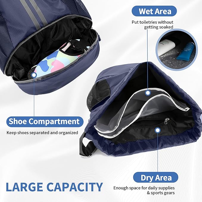 JELUTAR Drawstring Backpack Gym Bag with Shoes Compartment for Soccer, Basketball, Swim, Water-Resistant String Backpack Beach Cinch for Women Men, Navy Blue