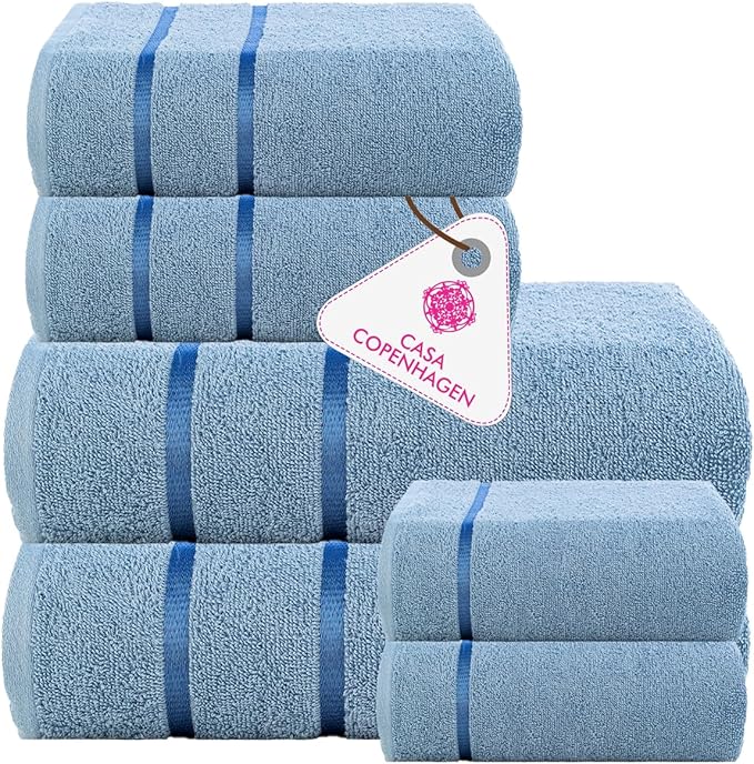 CASA COPENHAGEN Eternal 6Pcs 100% Egyptian Cotton Large Designer Towels Gift Set- Dusty Blue, 500 GSM, 2Bath 2Hand 2Washcloths, Bath Towels for Bathroom Set for Women & Men