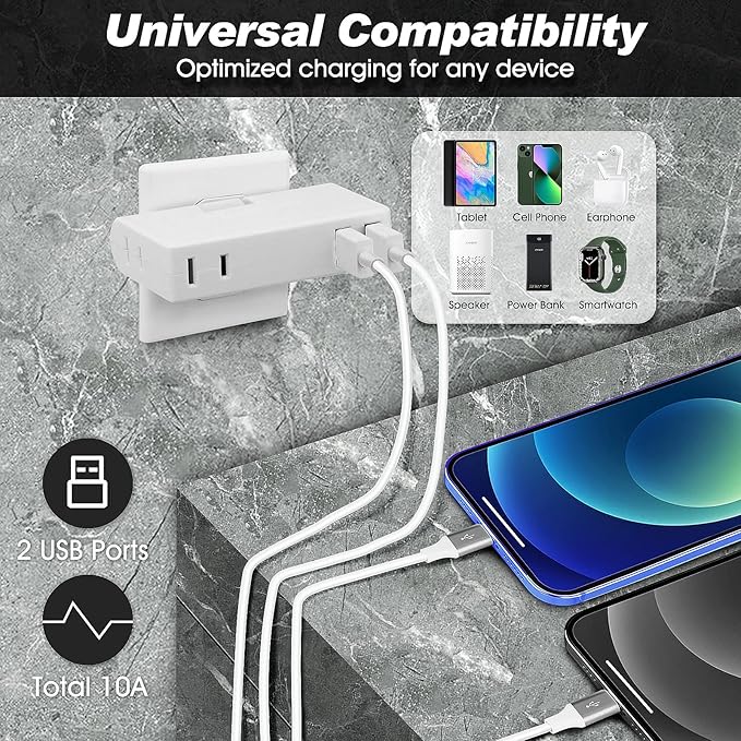 Multi Plug Outlet Extender with USB, 3 Electrical Multiple Outlet Extender, 2 USB Wall Charger, Travel Multiple Power Adaptor for Home, Office