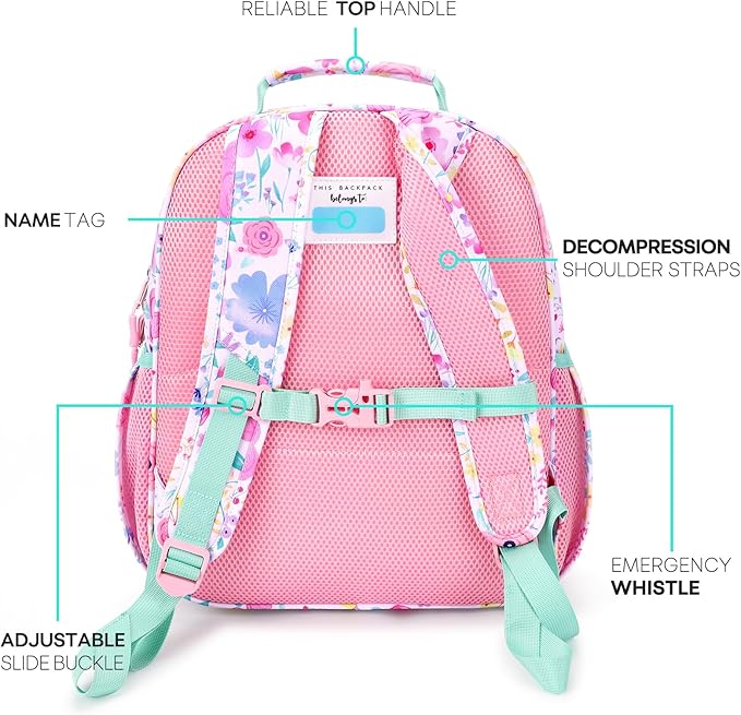 mibasies Toddler Backpack for Girls 2-4: Preschool Kindergarten Backpack - Cute Kids Backpacks for Girls - Flower Pink Turquoise