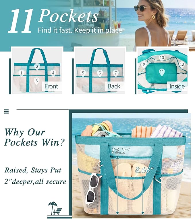 2026 Stylish & Spacious XX-Large Beach Bag for Women – Mesh × Canvas Tote with Top Zipper, 11 Tall Pockets | 40L+ Spacious, 11 Tall Pockets, Zipper Pouch, Secure Zip-Top, Sand-Resistant Base