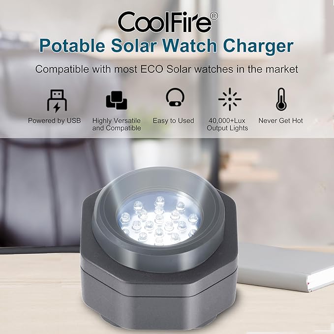CoolFire (The Original) - USB-C UV Free Solar Watch Fast Charger for All Eco Solar Watches. Safe 24/7 Charging (No 8H Timer Needed). Reloj Hombre Solar Charger. Fits G-Shock, Citizen, Seiko, Garmin GY