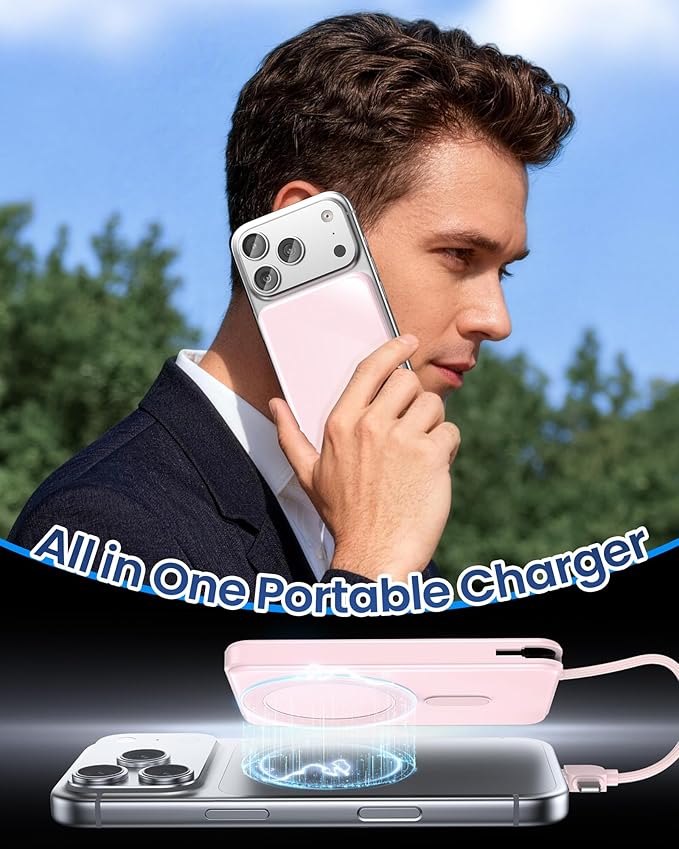 golioklsy Portable Charger Power Bank, 10000mAh Phone Charger with Built-in Cable, 20W PD Fast Charging, Slim Battery Pack with LED Display, Travel Essential for iPhone 17/16/15/14 All Series, Pink