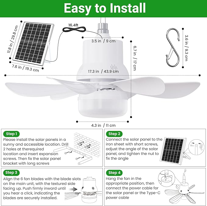 Solar Ceiling Fan with Light, 18000mAh Rechargeable Camping Fan with Remote, 450CFM Strong Airflow, 17.5'' Portable Outside Battery Powered Ceiling Fan for Gazebo, Canopy, Tent, RV