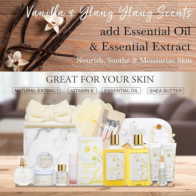 23Pcs Skin Spa Gifts for Women, Ylang Ylang Jasmine Bath & Body Gift Basket, Self-Care Relaxation Face Skin Kit, Lip Gloss, Cosmetic Bag, Manicure Set, Birthday, Christmas, Mother's Day, Anniversary