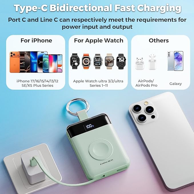 Portable Charger,5000mAh PD 20W Super Fast Charging Power Bank with Built-in Cables,Travel Keychain Battery Pack for Apple Watch Ultra/11/10/9/8/7/6/SE,iPhone 17/16/15/14/13/12 (Green)