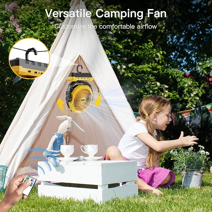 FRIZCOL 3-in-1 Camping Fan - Portable Fans Rechargeable - 24000mAh Battery Powered Fan with Light & Remote for Indoor, Outdoor, Tent, Travel, Fishing, Jobsite, Gifts for Men Dad Him - Yellow