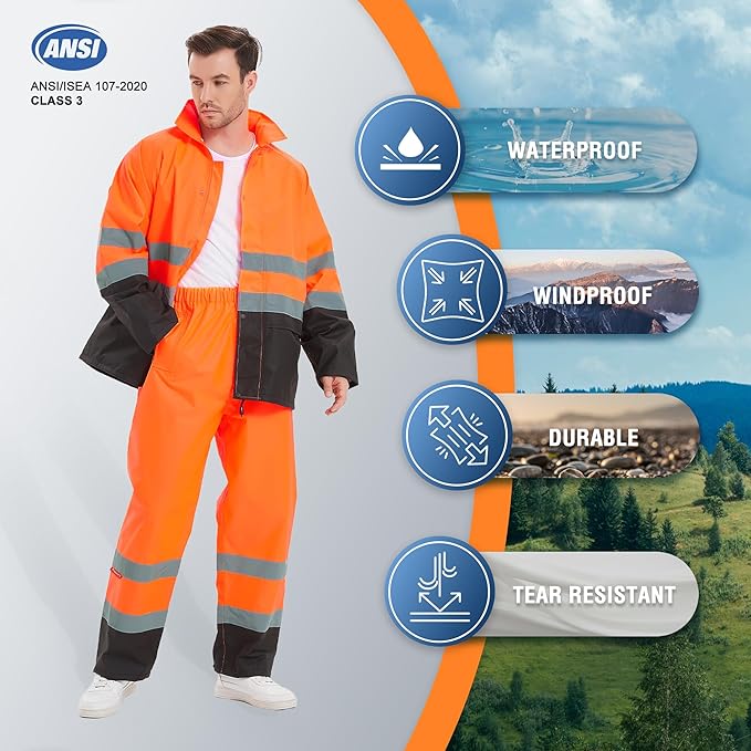ProtectX High Visibility Waterproof Rain Gear for Men and Women, Hi Vis Reflective Safety Rain Jacket and Pant Suits Workwear