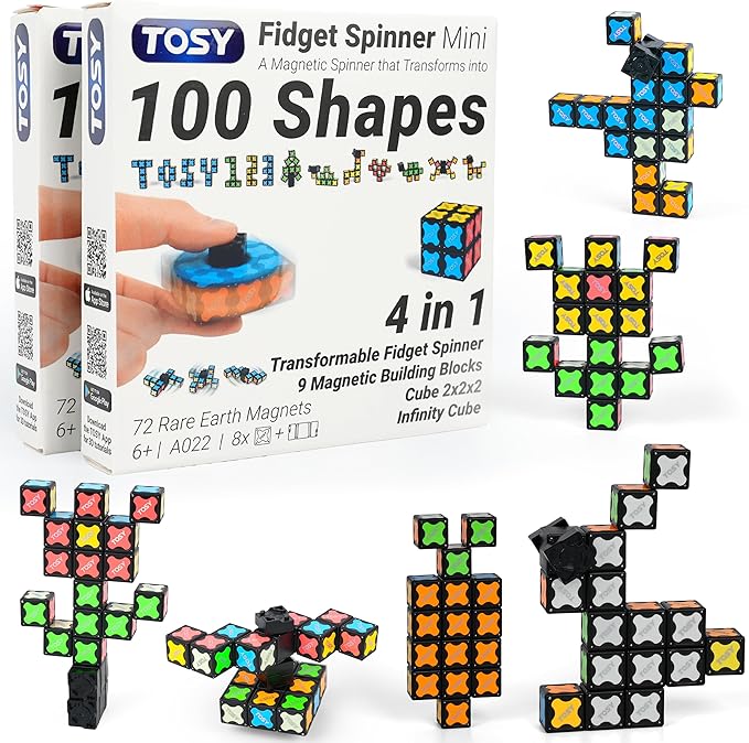 TOSY Magnet Fidget Spinner Mini - 8 Blocks, 3in1 Toy: Transformable Fidget Spinner, Infinity Cube, 2x2 Puzzle Cube, Easter Basket Stuffers Gift for Kids/Adult, STEM Sensory Stress Relief Toy, 2-Pack
