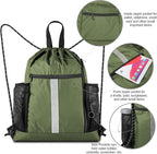 BeeGreen Moss Green Drawstring Bag Pack Sport Cinch Sack with Shoe Compartment and Two Side Mesh Pockets Heavy Duty Gym String Backpack for Unisex
