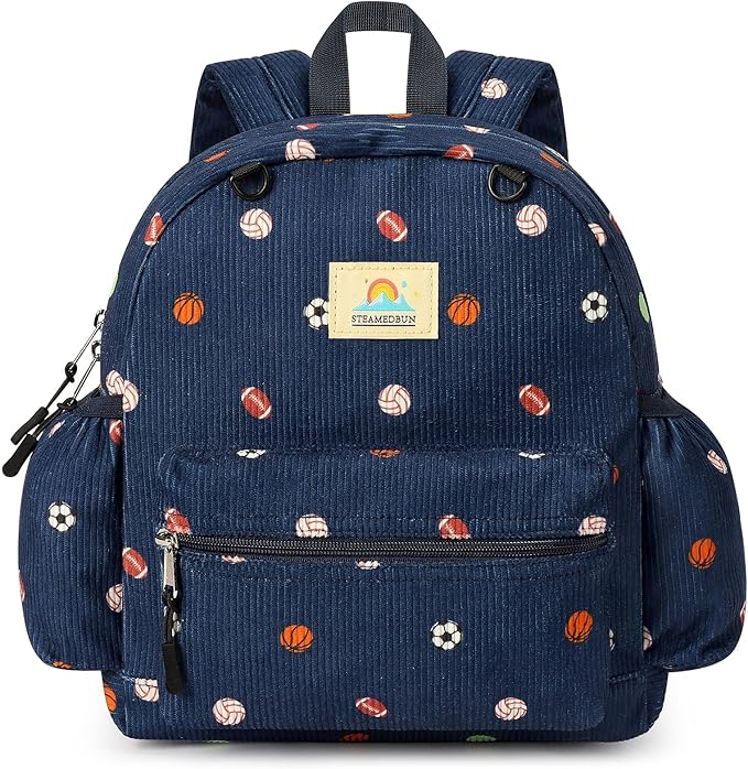 STEAMEDBUN Corduroy Toddler Backpack for Boys 2-4: Kids backpack for Boys Girls - 12 inch Preschool Kindergarten Backpacks