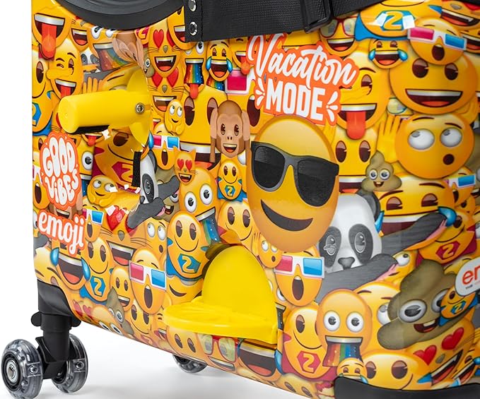 Younglingz LIL FLYER GO V2 x Emoji Ride On Suitcase for Kids | Carry On Luggage with Toddler Seat, Foldable Handlebars, Pedals, and Removable Wheels | Holds up to 80 lbs | Yellow Emoji | Ages 2-6