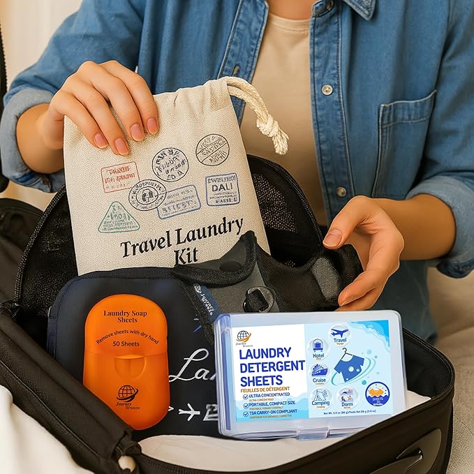 Travel Laundry Detergent Sheets Kit – 2-Size Travel Detergent Sheets + Lightweight Clothesline, Universal Sink Stopper & Foldable Laundry Bag Great for Hotels, Cruises, Camping & Trips