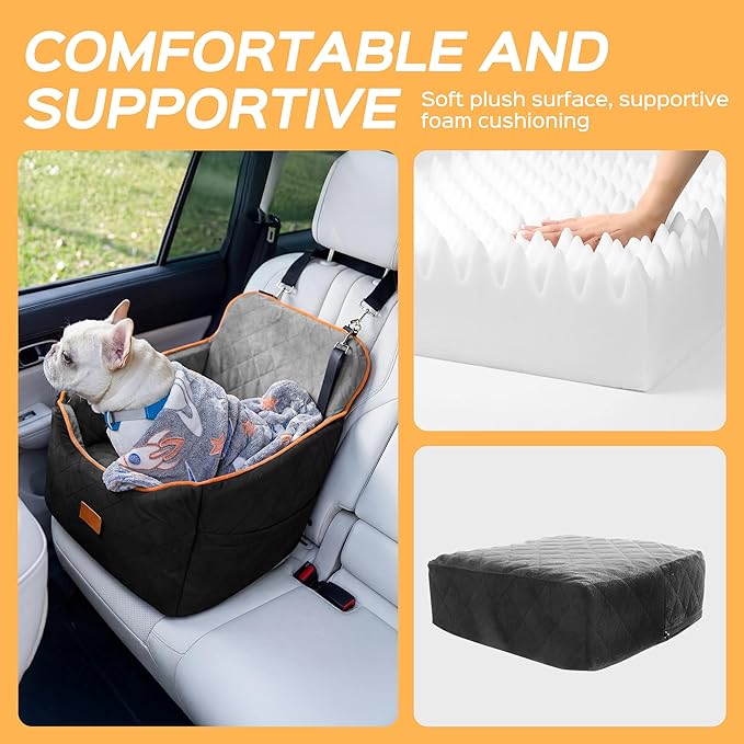 HiPetpy Dog Car Seat 6" Elevated Memory Foam Booster Seat for Small Medium Dogs Under 35 lbs with Pet Blanket, Washable Pet Car Seat with Safety Leash, Anti-Slip Base and Storage Pockets