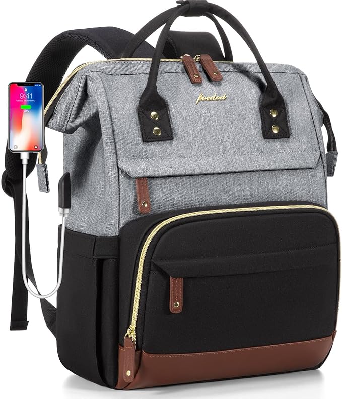 Focdod Women Laptop Backpack Work Bag: 17 inch Travel Computer Backpacks for Nurse Teacher Waterproof College Bookbag with USB Charger Anti-theft Casual Business Backpack Purse Black Grey Brown