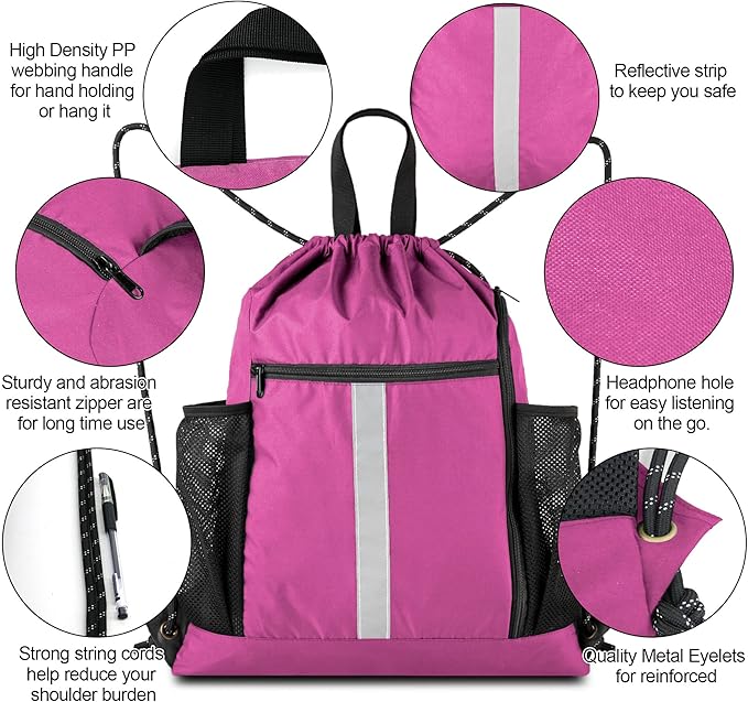 BeeGreen Pink String Backpack Large Drawstring Bag Cinch Sack w Shoe Compartment & Two Side Mesh Pockets Lightweight Sturdy Drawstring Gym Sackpack for Unisex