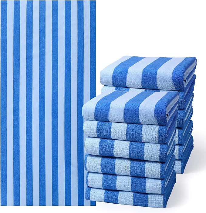 Redbaker 16 Packs 72 x 36 Inches Oversized Vertical Stripe Beach Towel Bulk Extra Large Pool Towels Set Microfiber Quick Dry Swim Towel Blanket for Women Men Adult Bath Travel(Blue)