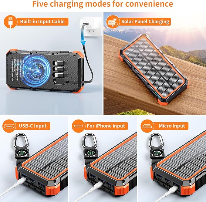 Solar Charger Power Bank 20000mAh Wireless Charger QC 3.0 Fast Charging Power Bank 8 Outputs 4 Inputs Solar Portable Charger Compatible with All Mobile Devices,SOS/Strobe/Strong Flashlights (orange)