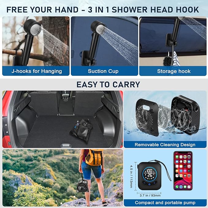 Portable Shower for Camping, [Upgraded] Spopal 8000mAh Rechargeable Camping Shower with 5 Adjustable Speeds, 4 Spray Modes, LED Display, IPX8 Waterproof Outdoor Shower Kit for Hiking, Travel, Car, Pet