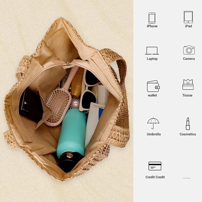 Tavaleu Straw Beach Bags for Women, Large Beach Bag Summer Woven Tote Bag Travel Shoulder Handbags for Holiday