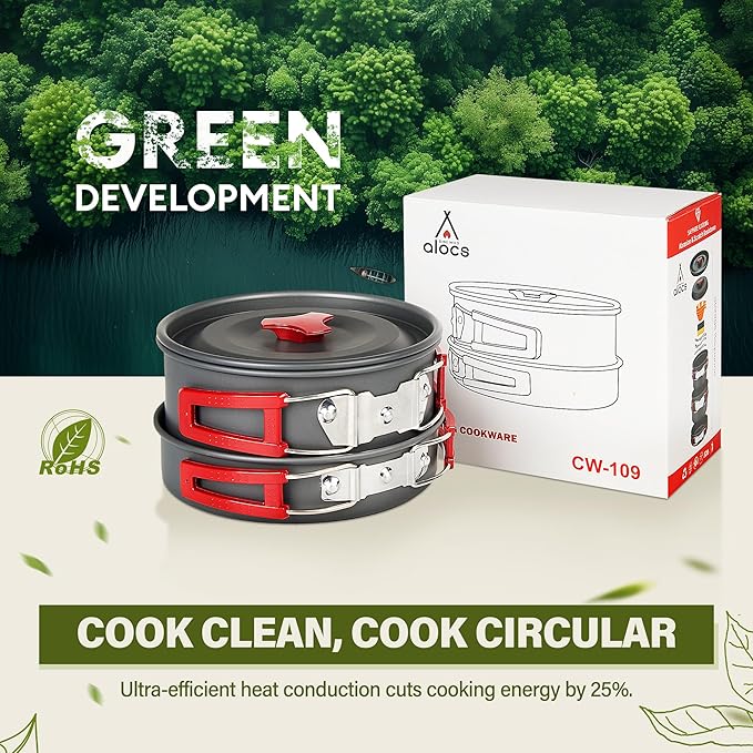 Alocs Camping Cookware Set - Lightweight Camping Pots and Pans - Portable Outdoor Cookware with Kettle - Camping Cookware Mess Kit for 2