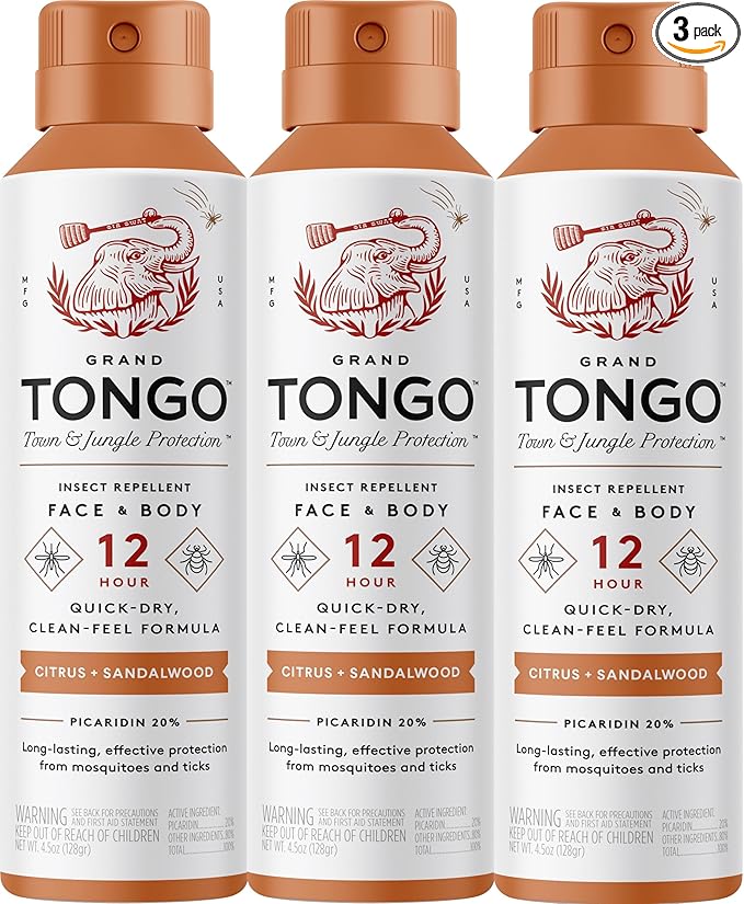 Grand Tongo Citrus + Sandalwood Insect Repellent, 12-Hour Mosquito & Tick Protection, Picaridin-Based, Water-Based, Lightweight, Quick-Drying, Vanishing Scent, DEET Alternative, Face & Body Use,3 Pack