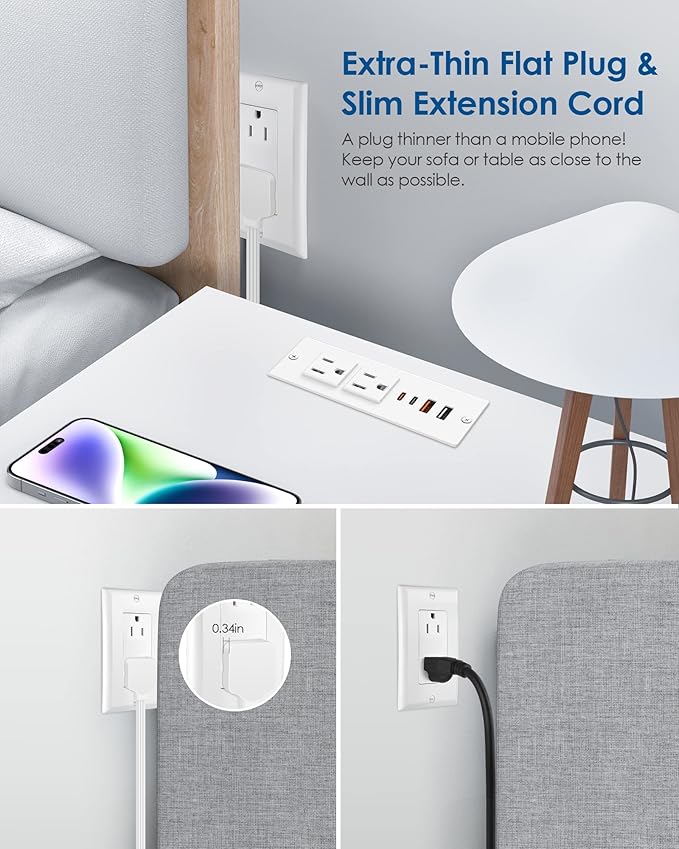Recessed Power Strip with 30W USB C,Ultra Thin Flat Plug Power Strip,2 Outlets 4 USB Ports,Furniture Flush Mount Desk Outlet,Recessed Outlet for Side Table/Sofa Table,6ft Cord (White)