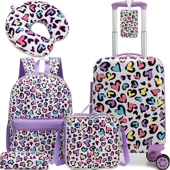 Kids Luggage with Spinner Wheels 5 Piece Carry on Suitcases for Girls Backpack with Lunch Box Pencil Case 16" Toddler Suitcase Set Airline Approved (Bainbow Leopard)