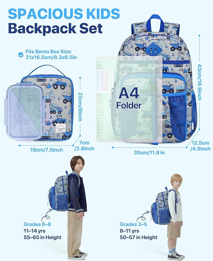 VASCHY Boy Kids Backpack & Lunch Bag Set, 2-in-1 School Bookbag with Insulated Lunch Box for Preschool, Daycare, Kindergarten & Elementary School – Construction Trucks