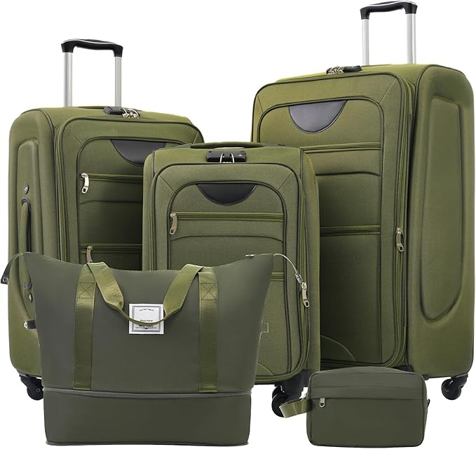 Lightweight Expandable Softside Luggage Sets 3 Piece, Large Capacity Travel Suitcase with Spinner Wheel, TSA Lock, Easy Access Design and Adjustable Telescoping Handle (Army Green)