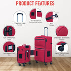 TACH LITE Samba Softside 3 Piece Luggage Set 22/24/28 Inch | Connectable Suitcases with Spinner Wheels | Lightweight Travel Suitcase with Wheels Carry On & Checked Bags | Soft Sided Luggage Set (Red)