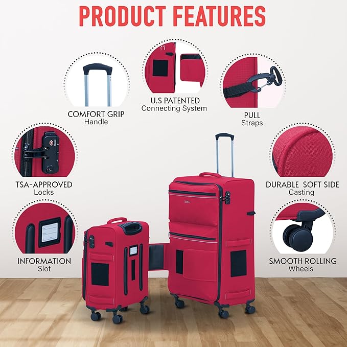 TACH LITE Samba Softside 3 Piece Luggage Set 22/24/28 Inch | Connectable Suitcases with Spinner Wheels | Lightweight Travel Suitcase with Wheels Carry On & Checked Bags | Soft Sided Luggage Set (Red)