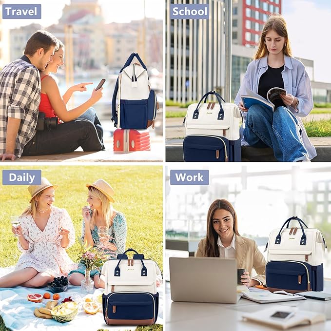 Focdod Laptop Backpack for Womem Work Bags: 17.3 Inch Travel BackPacks With USB Charging Port Anti Theft Fashion College BookBag Durable Back Pack Purse Bussiness Daypack for Nurse Teacher Navy Beige