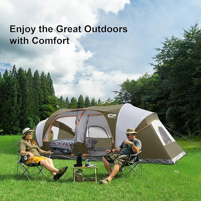 CAMPROS CP Tent 12-Person-Camping-Tents,3 Room Family Tents,Waterproof Windproof Family Tent with Top Rainfly,6 Large Mesh Windows,Double Layer,Easy Set Up, Portable with Carry Bag-20' x 9' x 72"(H)
