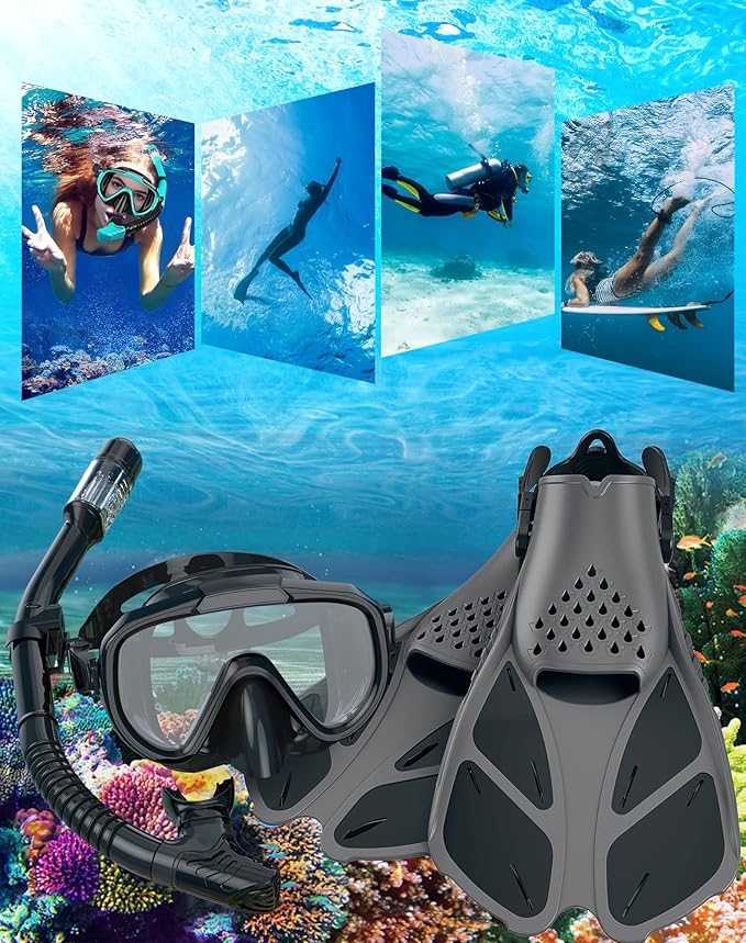 Ubekezele Snorkeling Gear for Adults Men Women,4 in 1 Snorkel Set with Panoramic View Diving Mask Anti-Fog Anti-Leak,Dry Top Snorkel,Fins and Travel Bag for Swimming,Snorkeling and Travel Diving